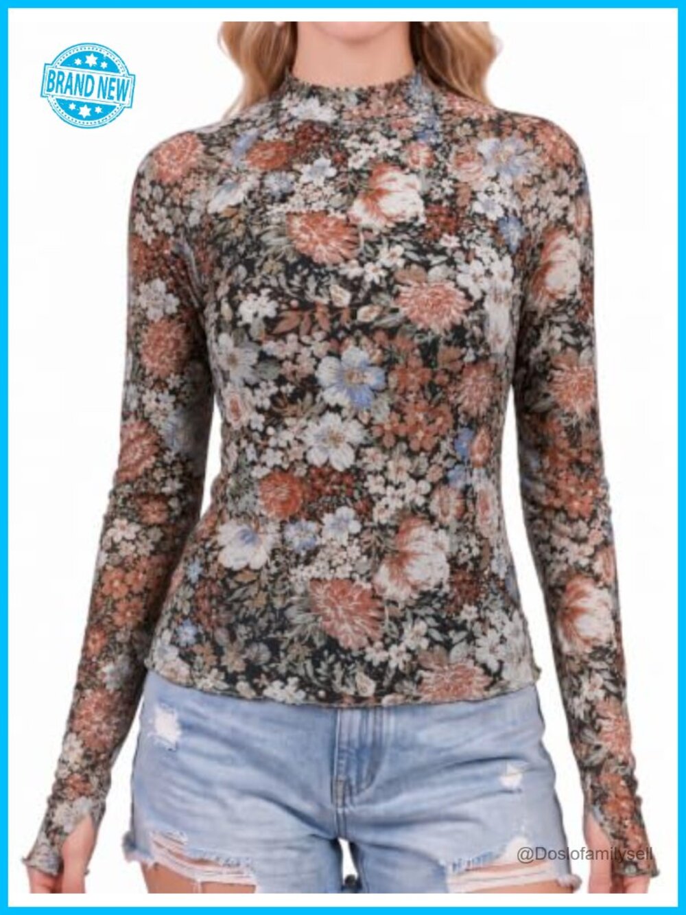 Lace Mesh Long Sleeve Mock Neck Double Lined Floral Tops Womens